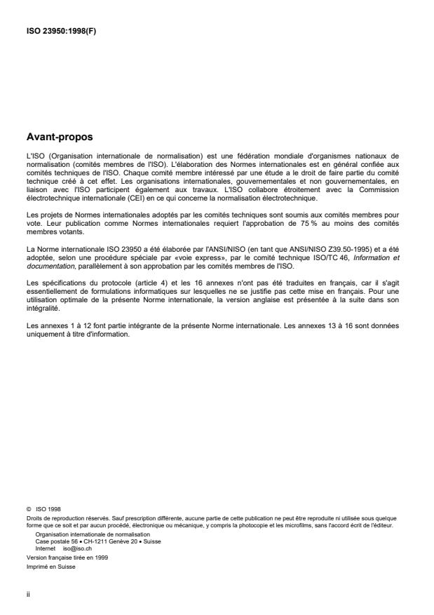 ISO 23950:1998 ISO 23950:1998 - Information et documentation -- Recherche d'information (Z39.50) -- Définition du service de l'application et spécification du protocole - Page 2 preview