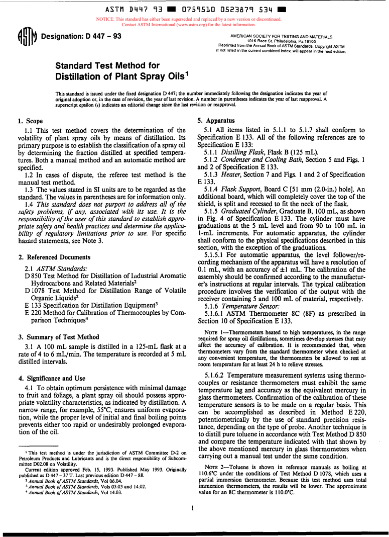 ASTM D447-93 - Test Method for Distillation of Plant Spray Oils (Withdrawn 1997)