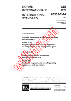 IEC 60335-2-24:1997/AMD1:1998 - Amendment 1 - Safety of household and similar electrical appliances - Part 2: Particular requirements for refrigerating appliances and ice-makers
Released:8/25/1998
Isbn:2831844827 - Page 1 preview