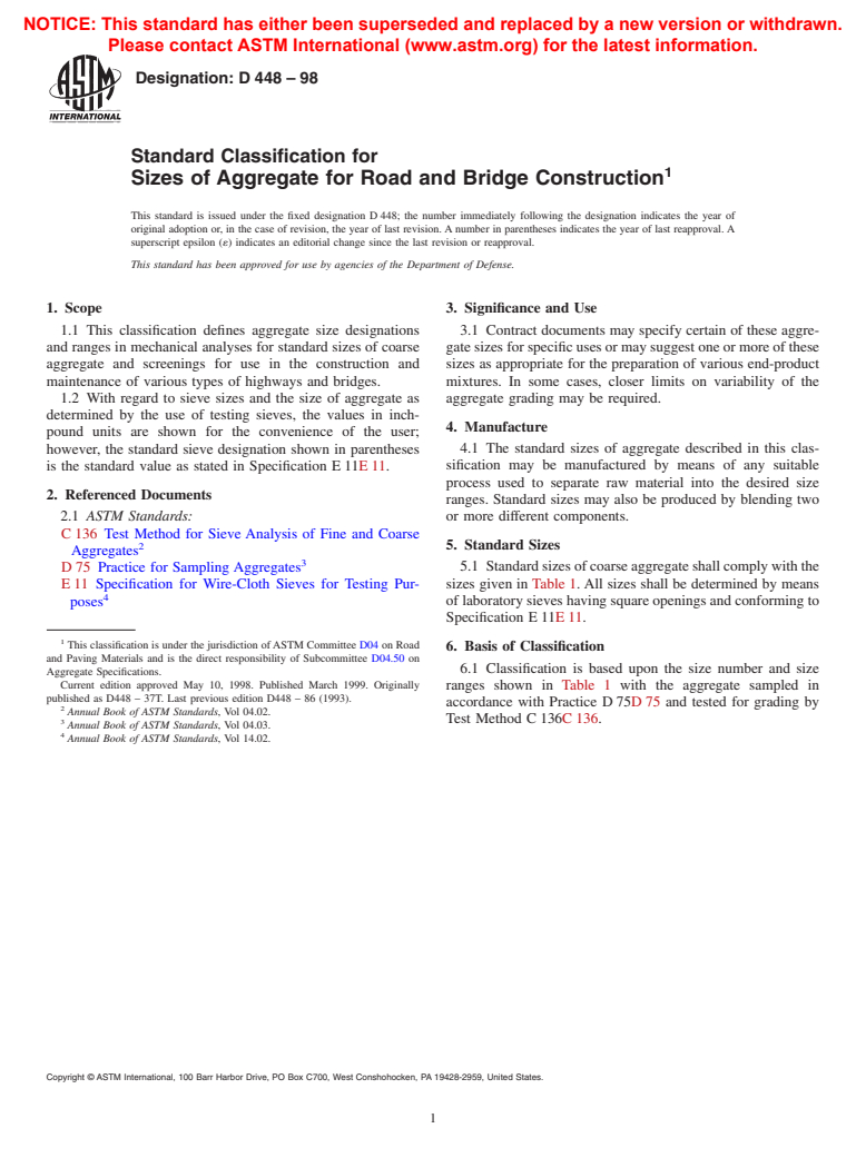 ASTM D448-98 - Standard Classification for Sizes of Aggregate for Road and Bridge Construction