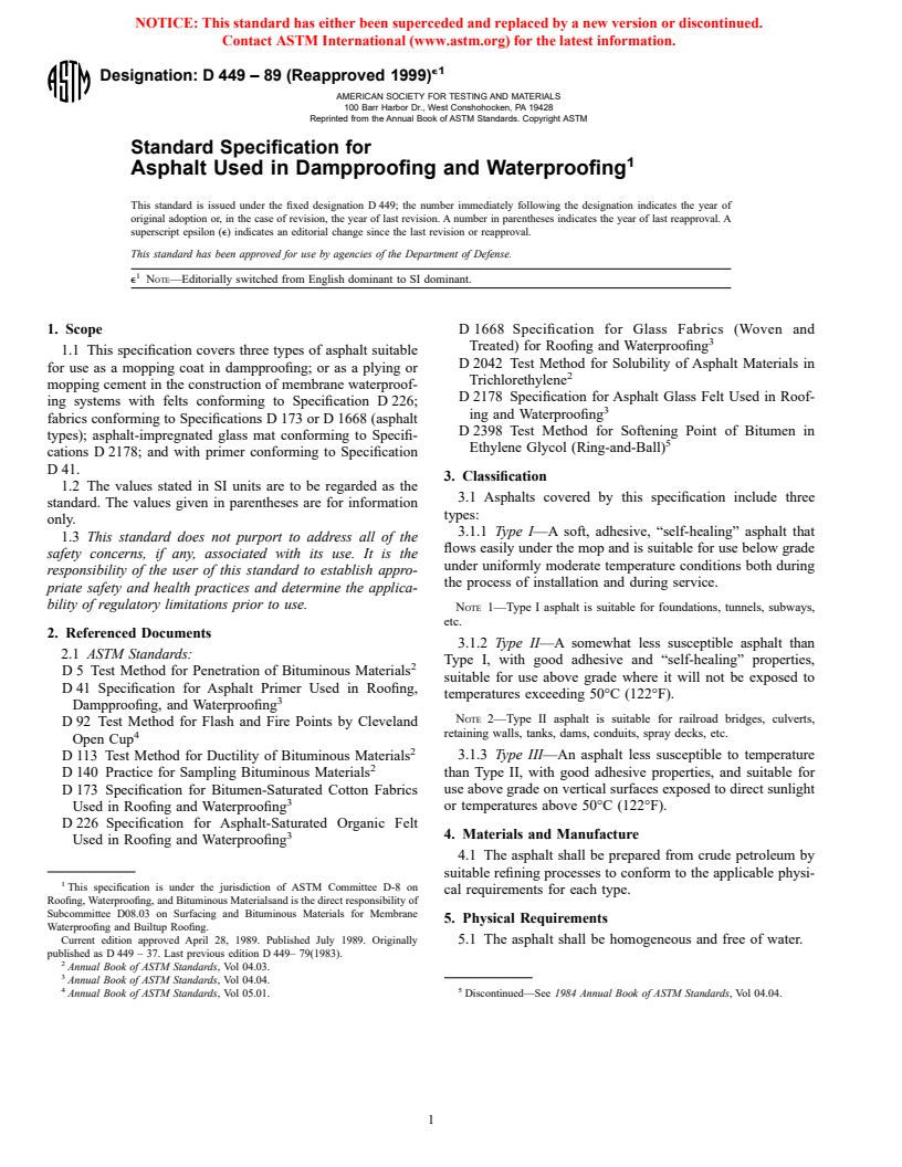 ASTM D449-89(1999)e1 - Standard Specification for Asphalt Used in Dampproofing and Waterproofing