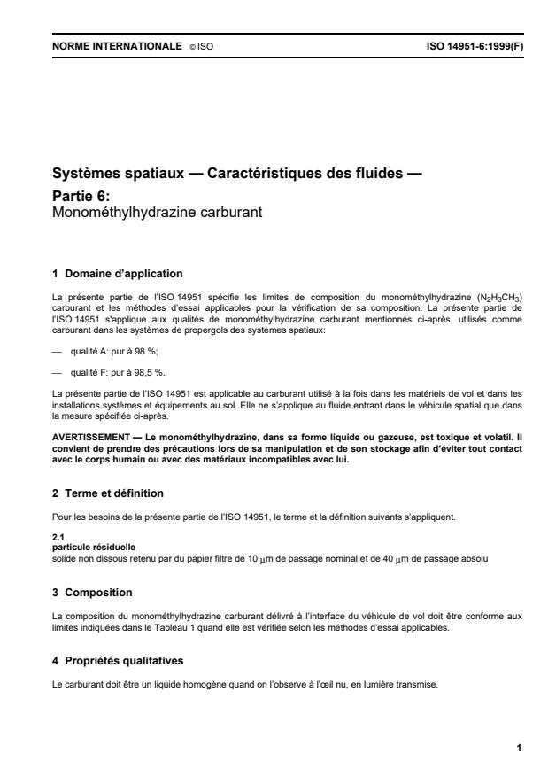 ISO 14951-6:1999 - Systemes spatiaux -- Caractéristiques des fluides