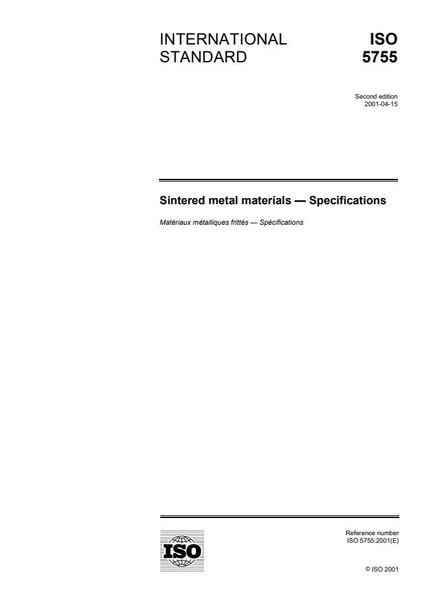 ISO 5755:2001 - Sintered metal materials -- Specifications