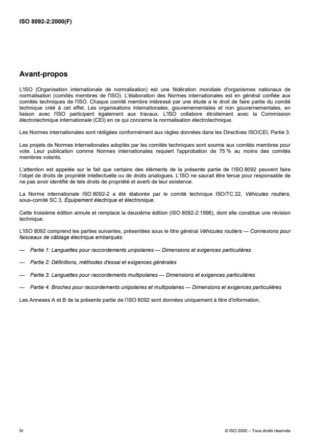 ISO 8092-2:2000 ISO 8092-2:2000 - Véhicules routiers -- Connexions pour faisceaux de câblage électrique embarqués - Page 4 preview