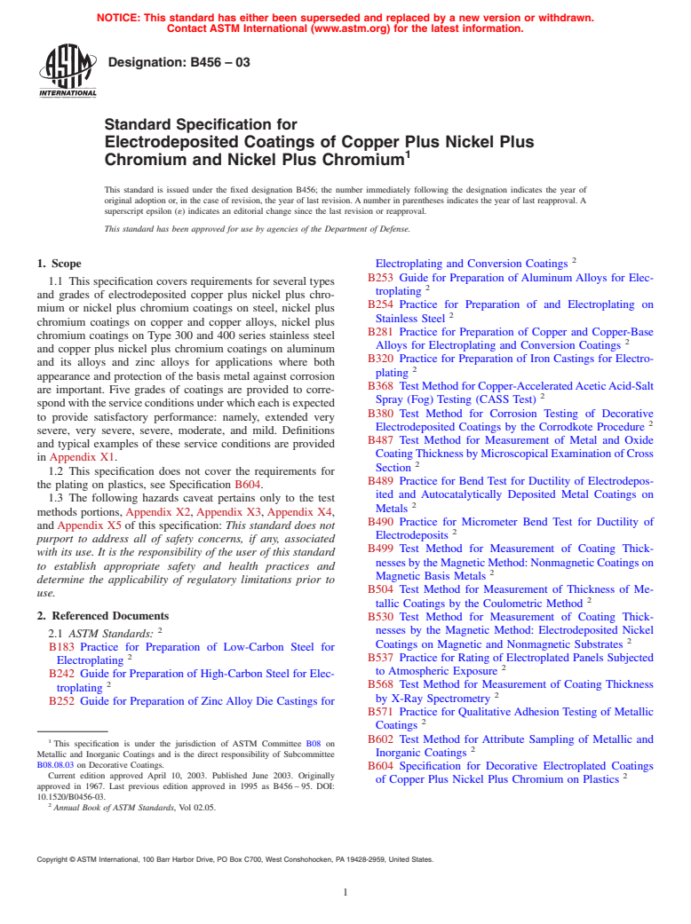 ASTM B456-03 - Standard Specification for Electrodeposited Coatings of Copper Plus Nickel Plus Chromium and Nickel Plus Chromium