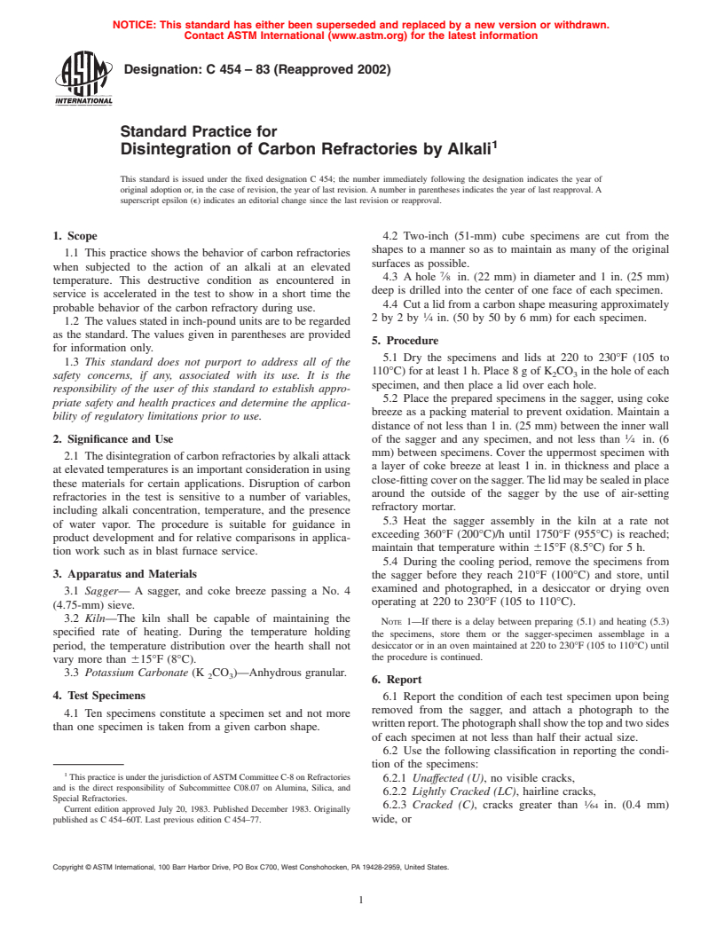 ASTM C454-83(2002) - Standard Practice for Disintegration of Carbon Refractories by Alkali