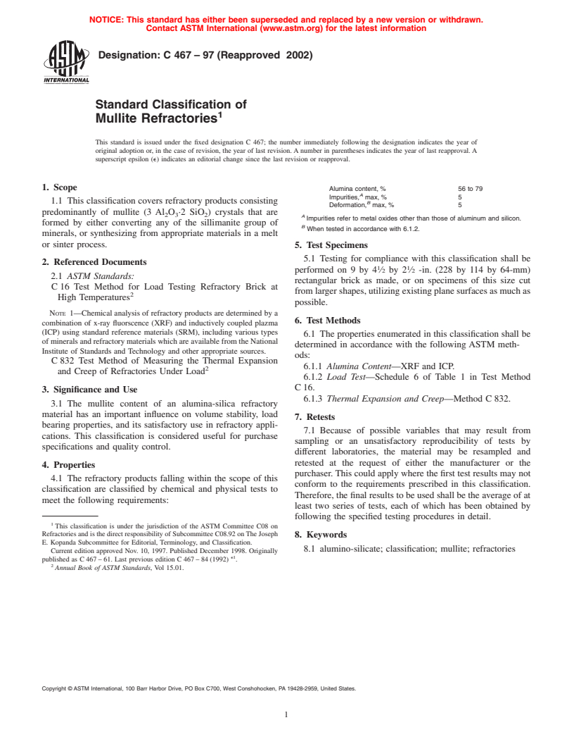 ASTM C467-97(2002) - Standard Classification of Mullite Refractories