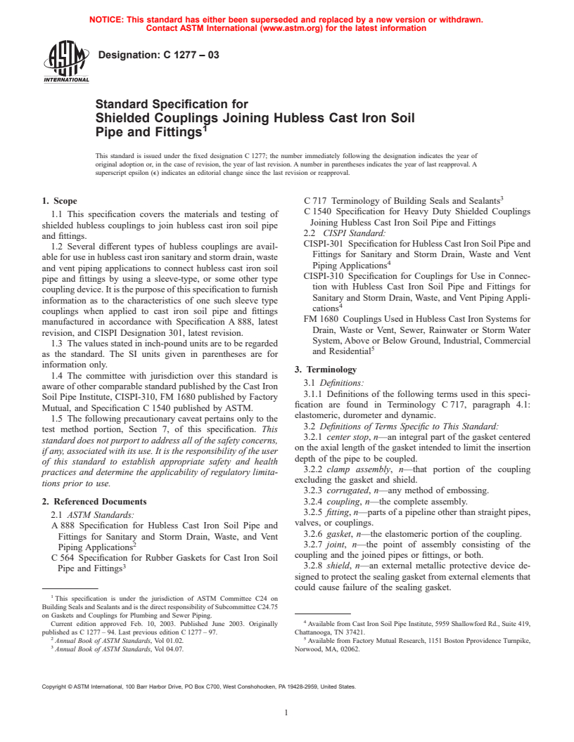 ASTM C1277-03 - Standard Specification for Shielded Couplings Joining Hubless Cast Iron Soil Pipe and Fittings