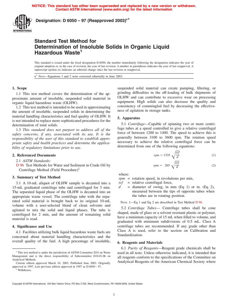 ASTM D6050-97(2003)e1 - Standard Test Method for Determination of Insoluble Solids in Organic Liquid Hazardous Waste