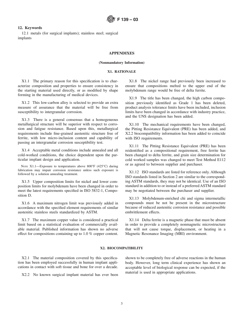 ASTM F139-03 - Standard Specification for Wrought 18 Chromium-14 Nickel-2.5 Molybdenum Stainless Steel Sheet and Strip for Surgical Implants (UNS S31673)