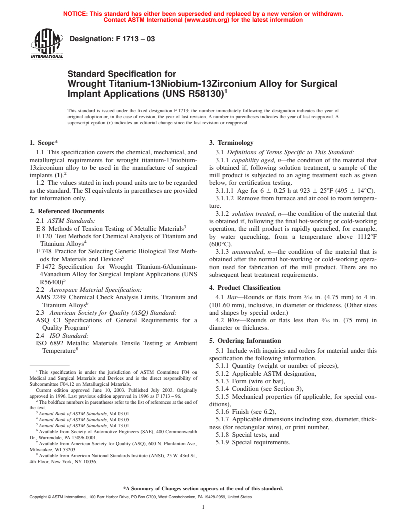 ASTM F1713-03 - Standard Specification for Wrought Titanium-13Niobium-13Zirconium Alloy for Surgical Implant Applications