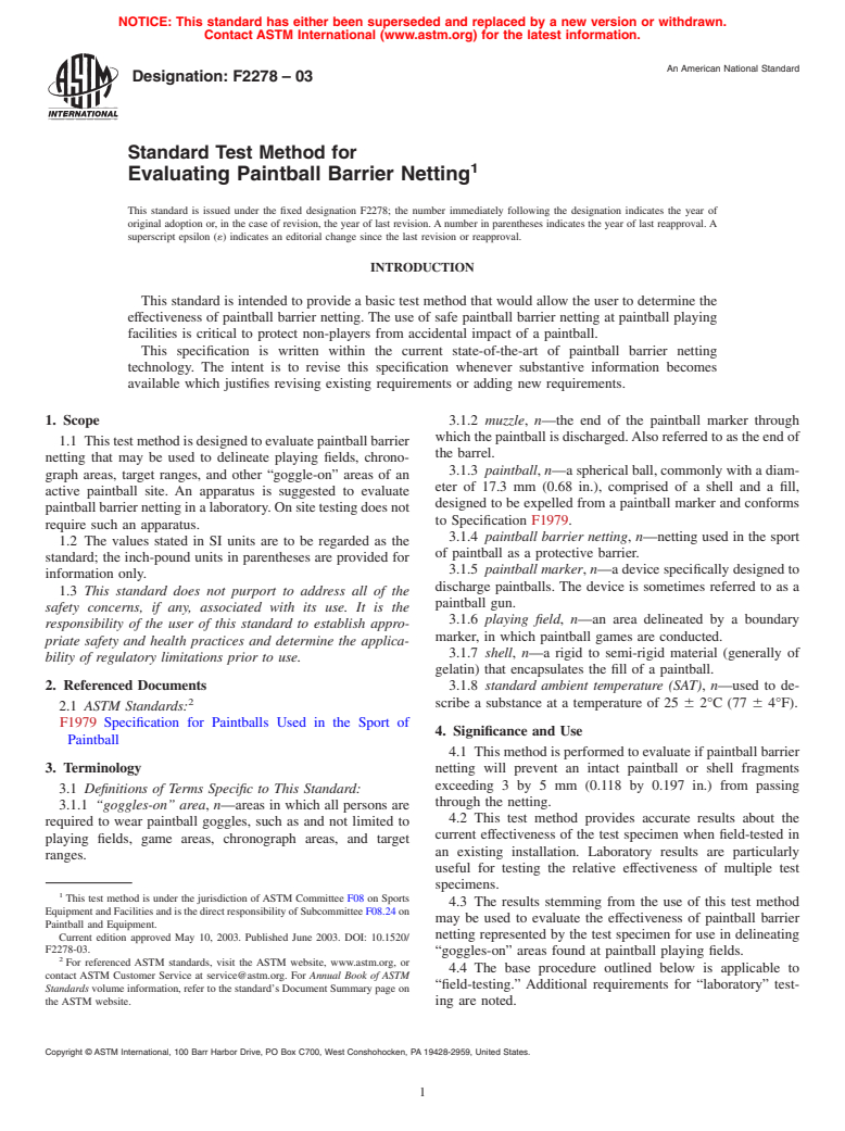 ASTM F2278-03 - Standard Test Method for Evaluating Paintball Barrier Netting