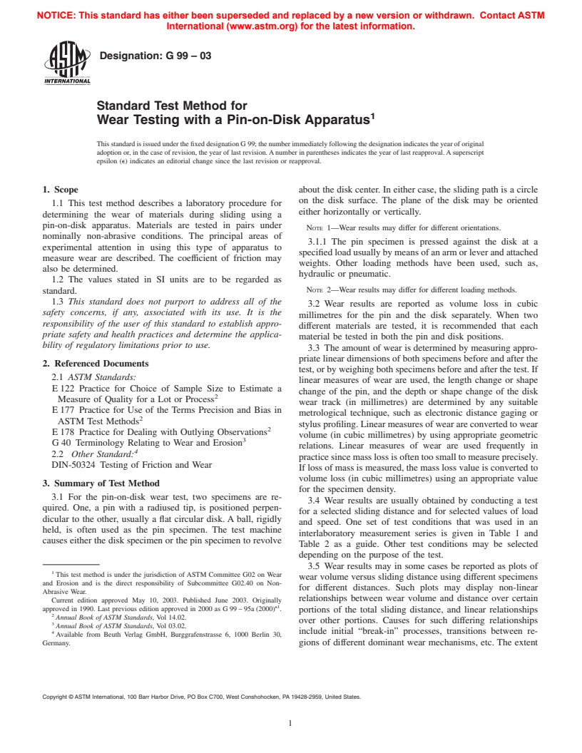 ASTM G99-03 - Standard Test Method for Wear Testing with a Pin-on-Disk Apparatus