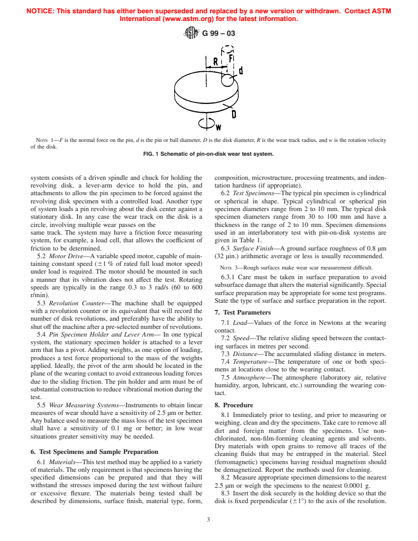 ASTM G99-03 - Standard Test Method for Wear Testing with a Pin-on-Disk Apparatus