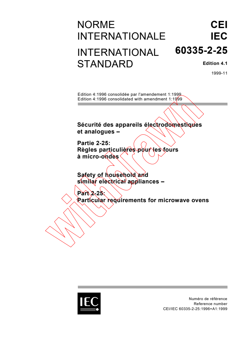 IEC 60335-2-25:1996+AMD1:1999 CSV - Safety of household and similar electrical appliances - Part 2-25: Particular requirements for microwave ovens
Released:11/30/1999
Isbn:2831850142
