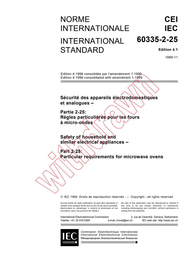 IEC 60335-2-25:1996+AMD1:1999 CSV - Safety of household and similar electrical appliances - Part 2-25: Particular requirements for microwave ovens
Released:11/30/1999
Isbn:2831850142