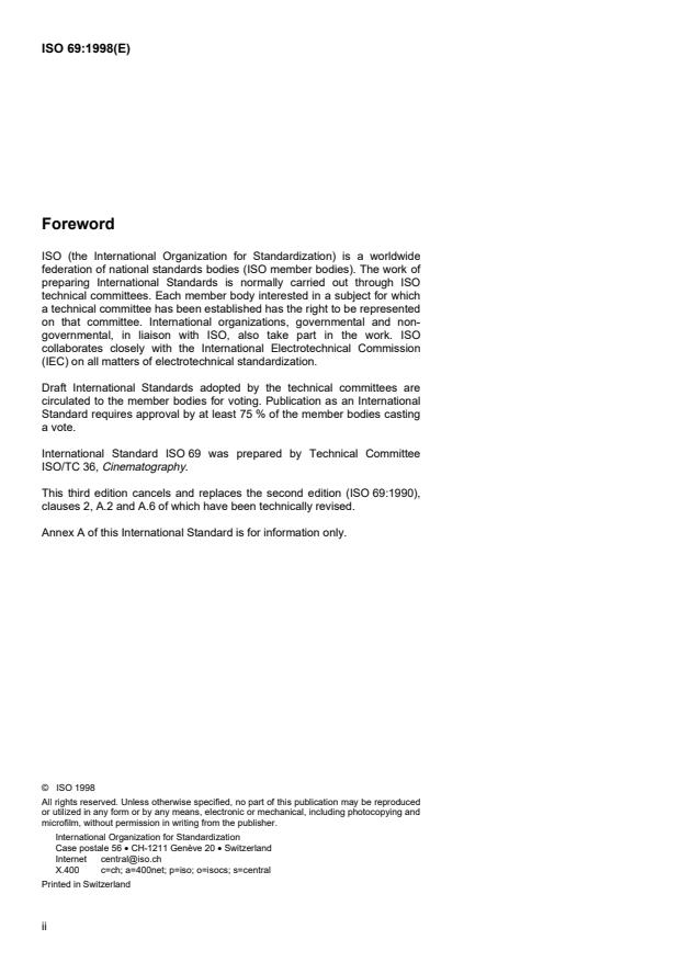 ISO 69:1998 ISO 69:1998 - Cinematography -- 16 mm motion-picture and magnetic film -- Cutting and perforating dimensions - Page 2 preview