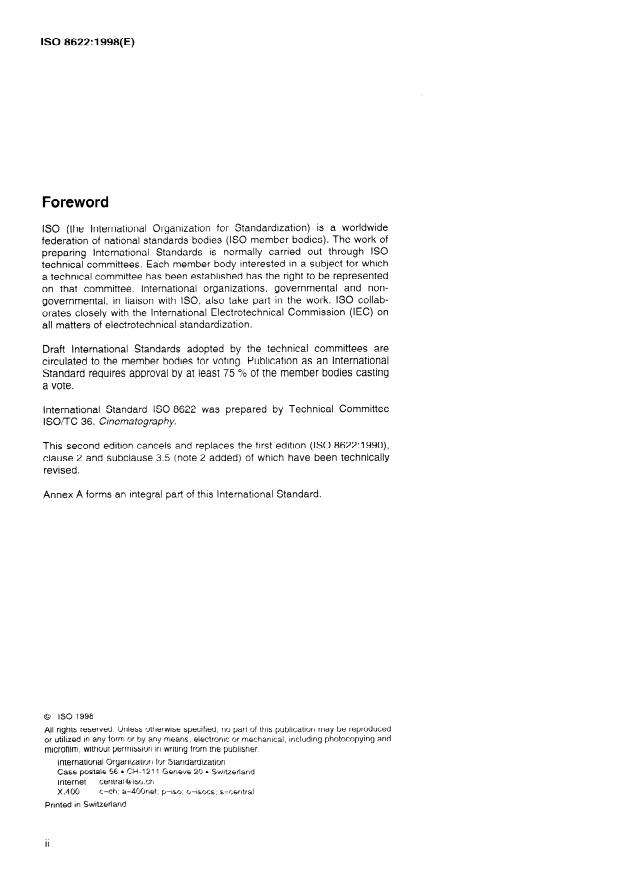 ISO 8622:1998 ISO 8622:1998 - Cinematography -- Magnetic sound records on 70 mm motion-picture release prints with magnetic stripes -- A-chain reproduction characteristics - Page 2 preview