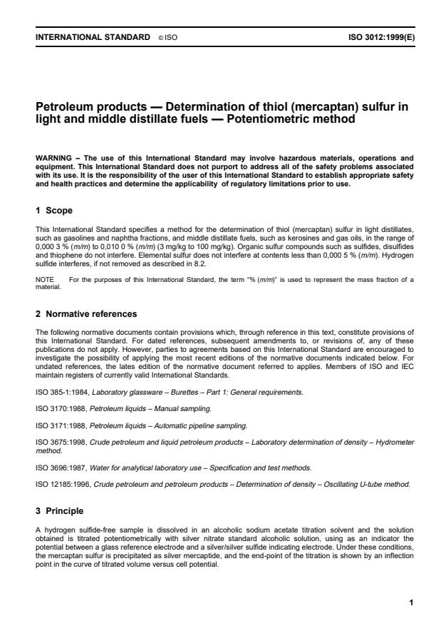 ISO 3012:1999 - Petroleum products -- Determination of thiol (mercaptan) sulfur in light and middle distillate fuels -- Potentiometric method