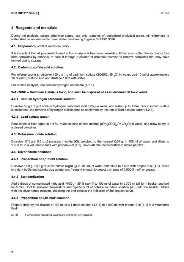 ISO 3012:1999 ISO 3012:1999 - Petroleum products -- Determination of thiol (mercaptan) sulfur in light and middle distillate fuels -- Potentiometric method - Page 4 preview