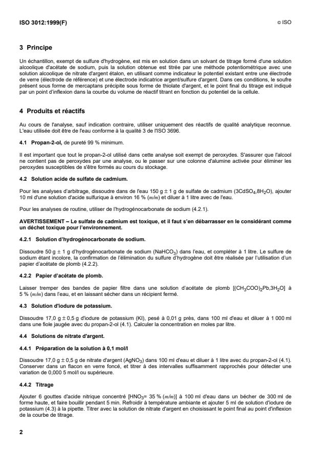 ISO 3012:1999 ISO 3012:1999 - Produits pétroliers -- Détermination de la teneur en soufre sous forme de thiols (mercaptans) dans les distillats légers et moyens -- Méthode par potentiométrie - Page 4 preview