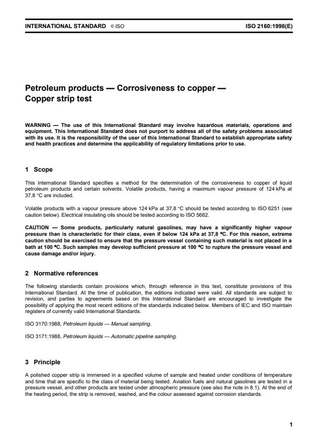ISO 2160:1998 - Petroleum products -- Corrosiveness to copper -- Copper strip test
