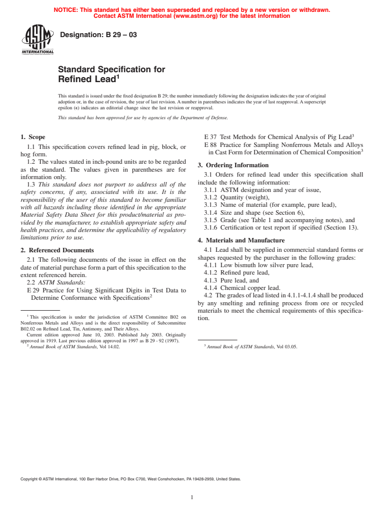 ASTM B29-03 - Standard Specification for Refined Lead