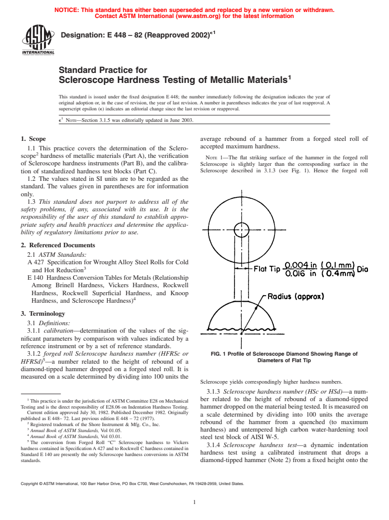 ASTM E448-82(2002)e1 - Standard Practice for Scleroscope Hardness Testing of Metallic Materials