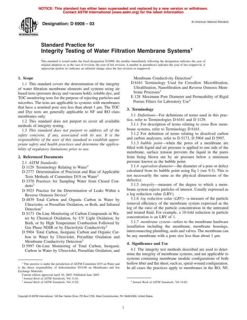 ASTM D6908-03 - Standard Practice for Integrity Testing of Water Filtration Membrane Systems