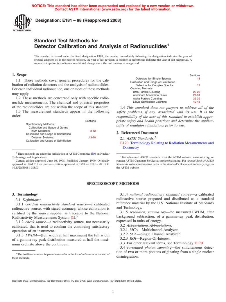 ASTM E181-98(2003) - Standard Test Methods for Detector Calibration and Analysis of Radionuclides