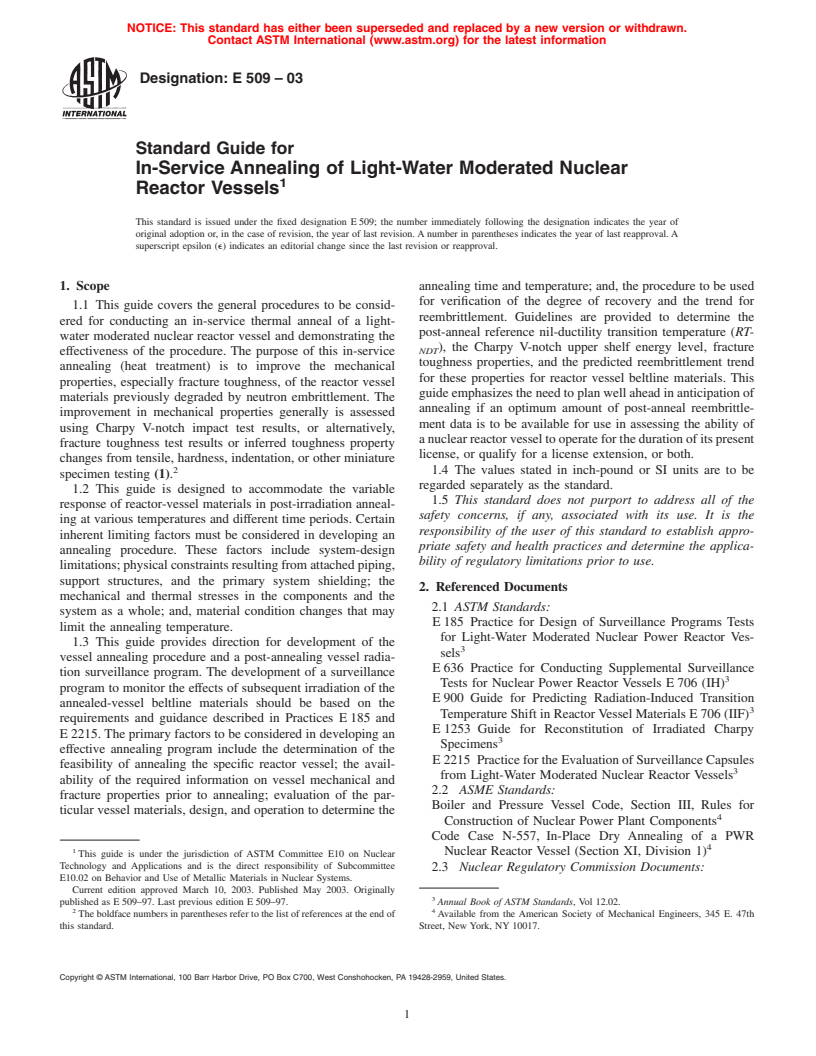 ASTM E509-03 - Standard Guide for In-Service Annealing of Light-Water Cooled Nuclear Reactor Vessels