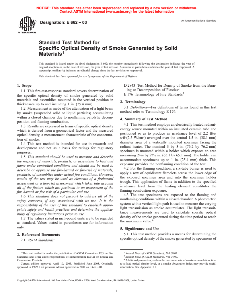 ASTM E662-03 - Standard Test Method for Specific Optical Density of Smoke Generated by Solid Materials