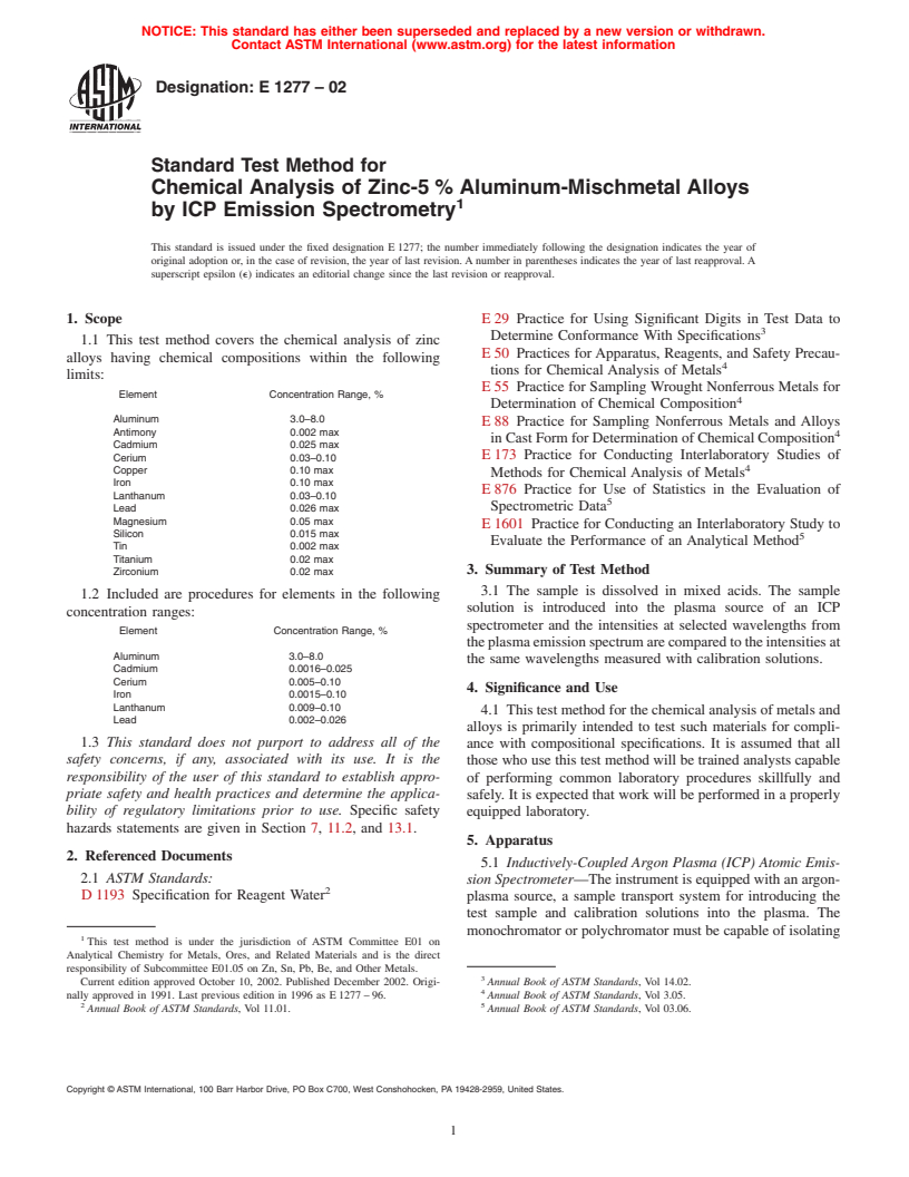 ASTM E1277-02 - Standard Test Method for Chemical Analysis of Zinc-5% Aluminum-Mischmetal Alloys by ICP Emission Spectrometry