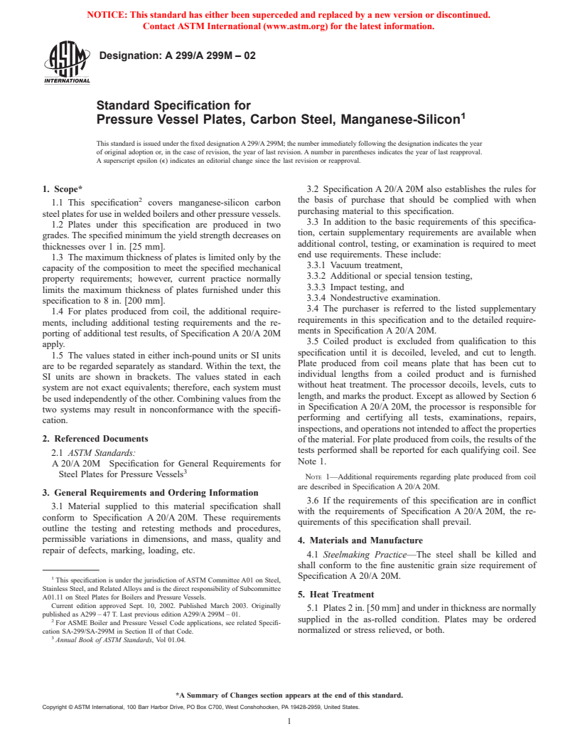 ASTM A299/A299M-02 - Standard Specification for Pressure Vessel Plates, Carbon Steel, Manganese-Silicon