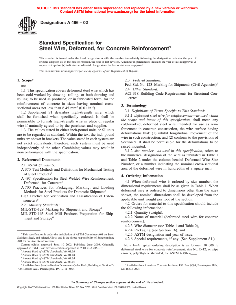 ASTM A496-02 - Standard Specification for Steel Wire, Deformed, for Concrete Reinforcement