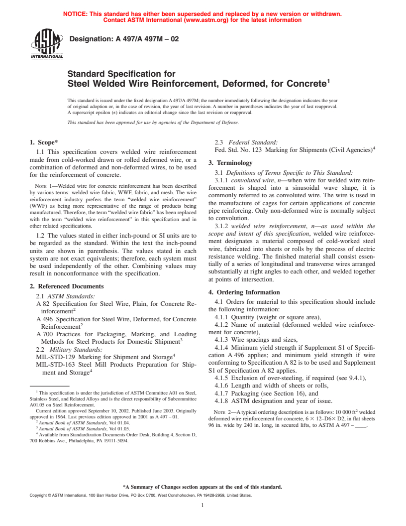 ASTM A497/A497M-02 - Standard Specification for Steel Welded Wire Reinforcement, Deformed, for Concrete