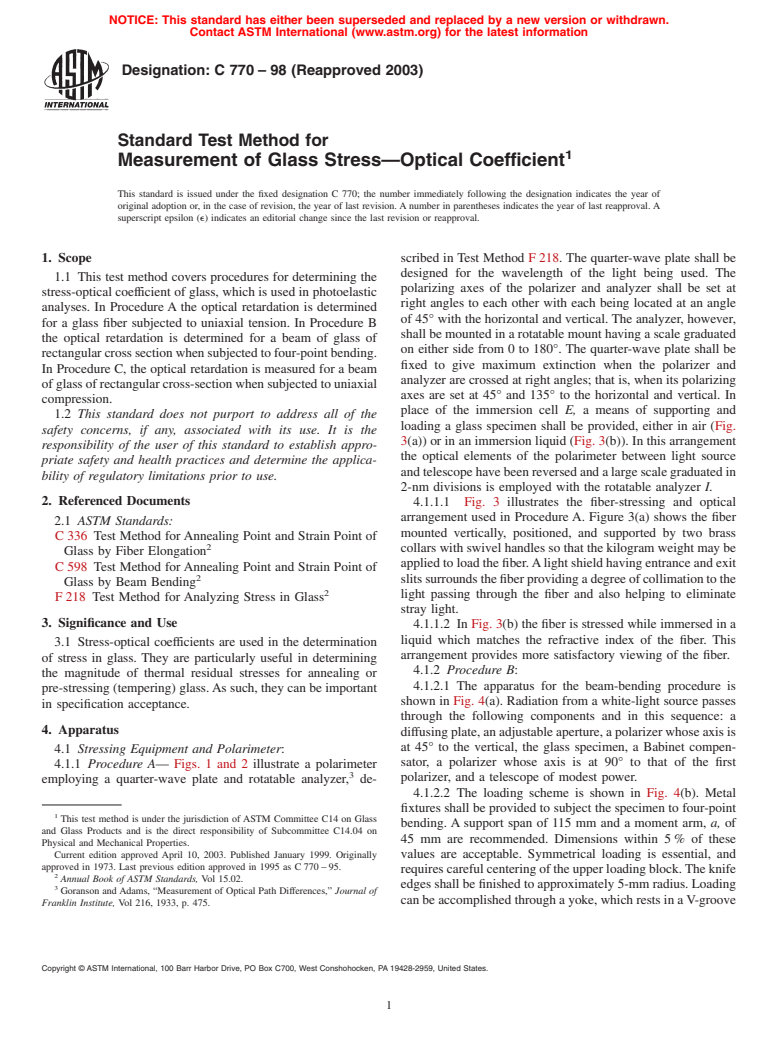 ASTM C770-98(2003) - Standard Test Method for Measurement of Glass Stress&#8212;Optical Coefficient