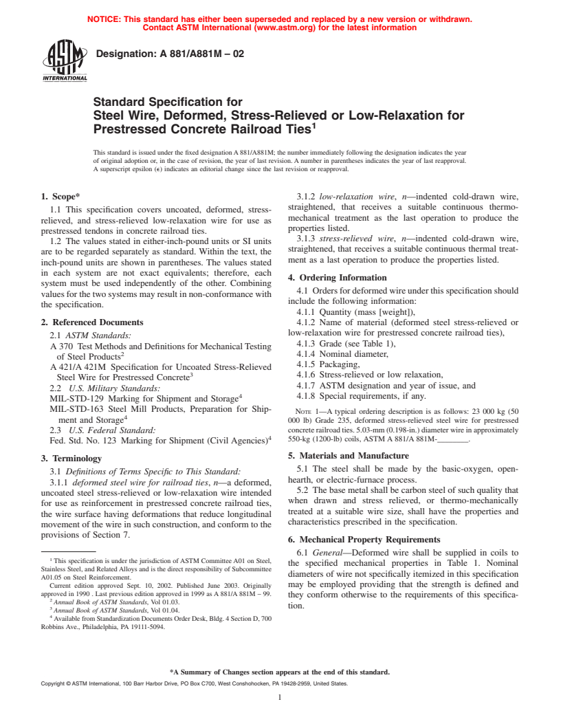 ASTM A881/A881M-02 - Standard Specification for Steel Wire, Deformed, Stress-Relieved or Low-Relaxation for Prestressed Concrete Railroad Ties