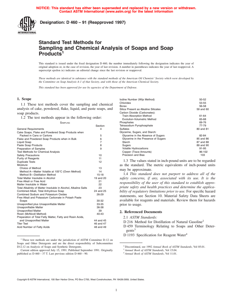 ASTM D460-91(1997) - Standard Test Methods for Sampling and Chemical Analysis of Soaps and Soap Products