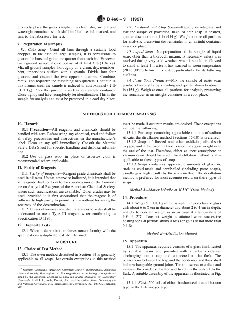 ASTM D460-91(1997) - Standard Test Methods for Sampling and Chemical Analysis of Soaps and Soap Products