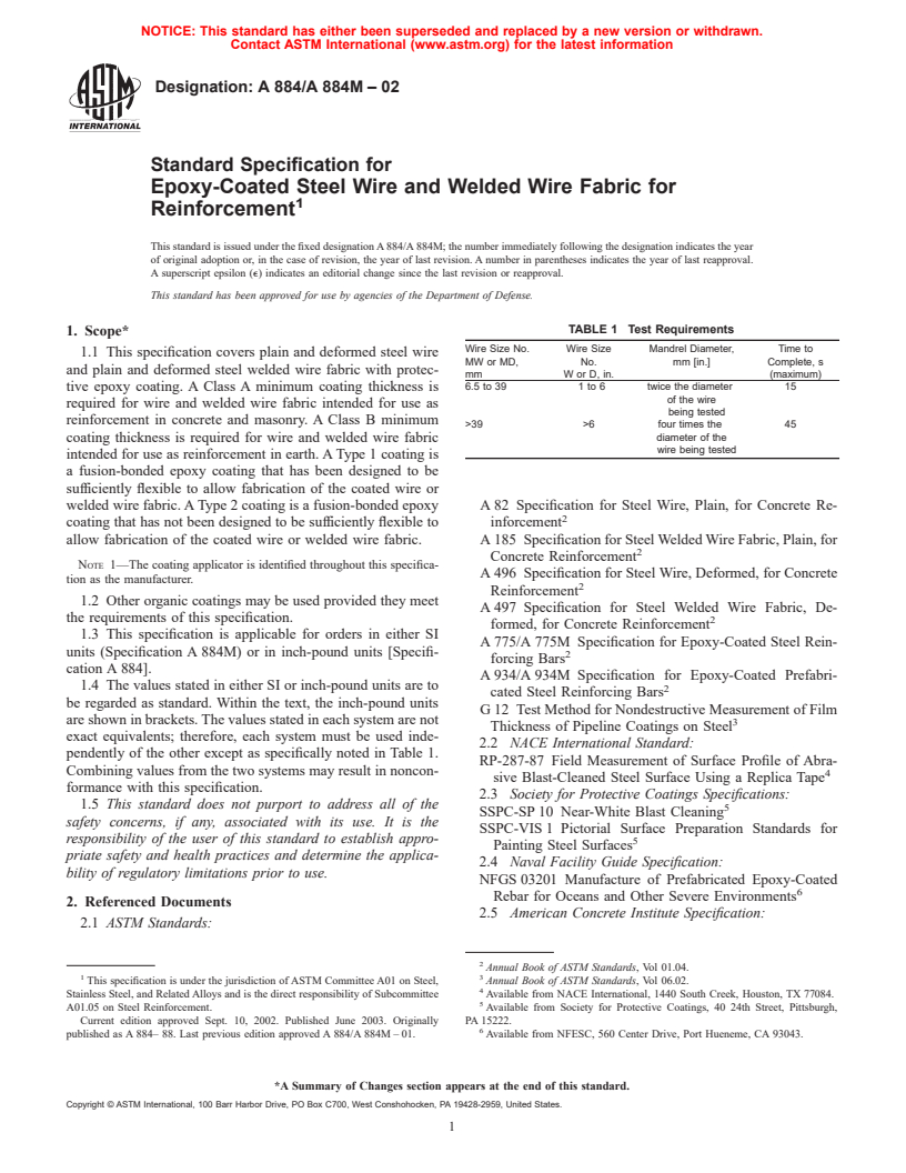 ASTM A884/A884M-02 - Standard Specification for Epoxy-Coated Steel Wire and Welded Wire Fabric for Reinforcement