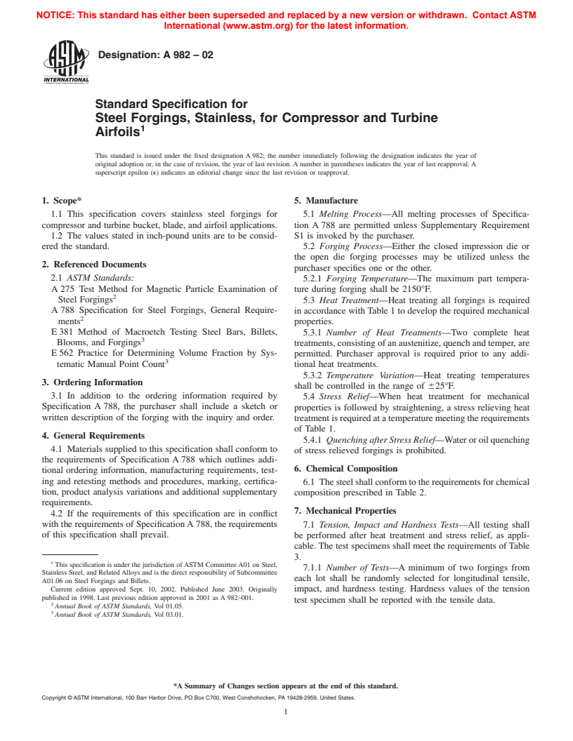 ASTM A982-02 - Standard Specification for Steel Forgings, Stainless, for Compressor and Turbine Airfoils