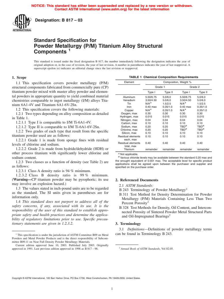 ASTM B817-03 - Standard Specification for Powder Metallurgy (P/M) Titanium Alloy Structural Components