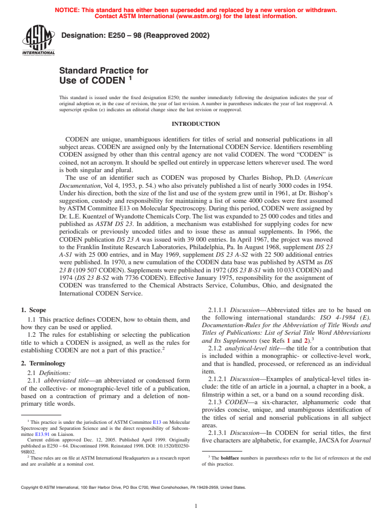 ASTM E250-98(2002) - Standard Practice for Use of CODEN