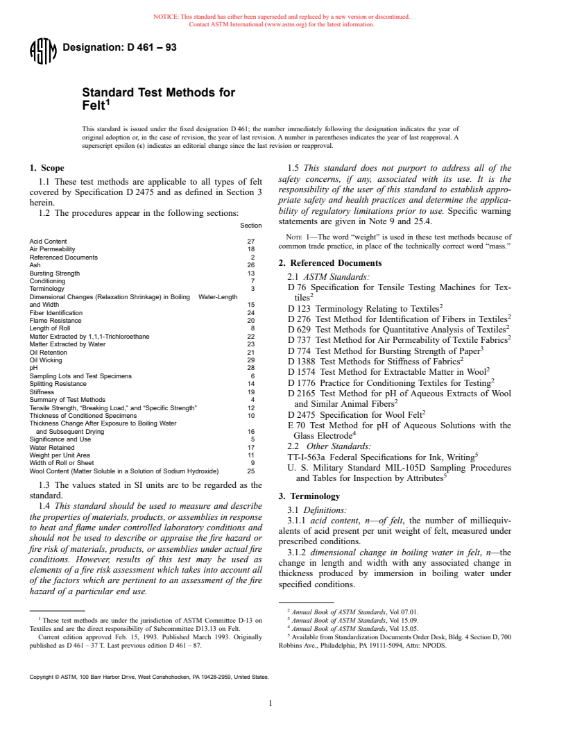 ASTM D461-93 - Standard Test Methods for Felt (Withdrawn 2004)