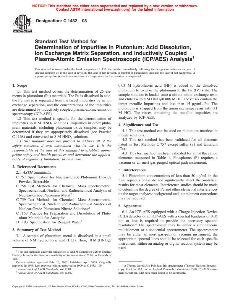 ASTM C1432-03 - Standard Test Method for Determination of Impurities in Plutonium: Acid Dissolution, Ion Exchange Matrix Separation, and Inductively Coupled Plasma-Atomic Emission Spectroscopic (ICP/AES) Analysis