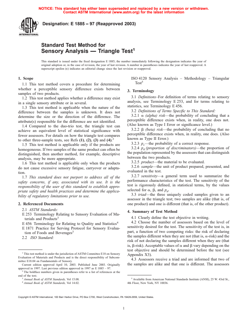 ASTM E1885-97(2003) - Standard Test Method for Sensory Analysis&#8212;Triangle Test