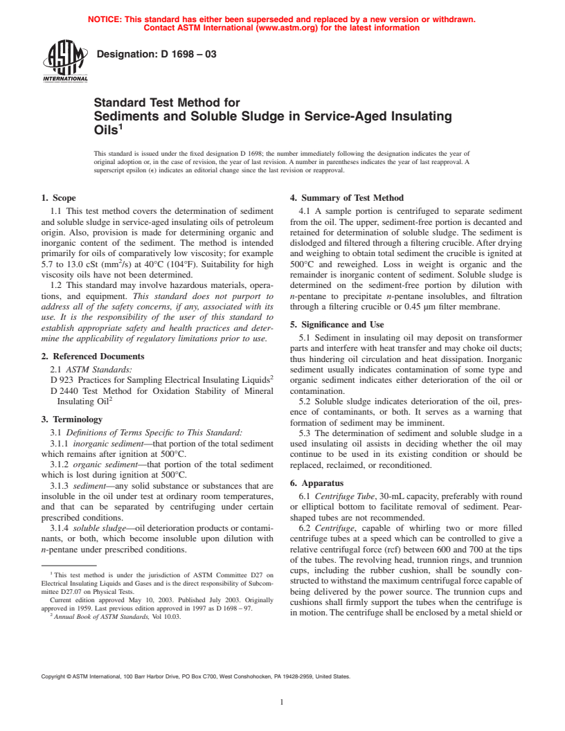 ASTM D1698-03 - Standard Test Method for Sediments and Soluble Sludge in Service-Aged Insulating Oils