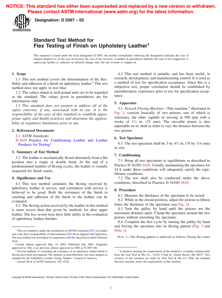 ASTM D2097-03 - Standard Test Method for Flex Testing of Finish on Upholstery Leather