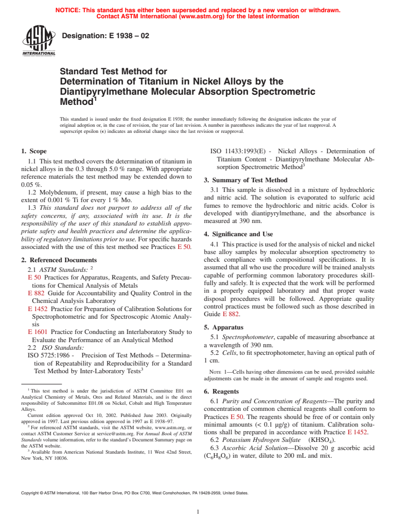 ASTM E1938-02 - Standard Test Method for Determination of Titanium in Nickel Alloys by Diantipyrylmethane Molecular Absorption Spectrometric Method